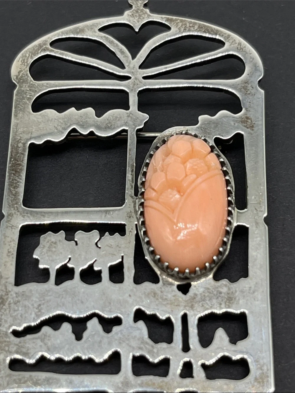 Vintage art nouveau sterling silver brooch with floral carving